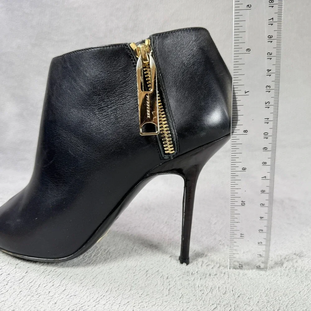 Burberry Womens 39 Black Leather Gold Zip Peep Toe Stiletto Ankle Bootie Italy